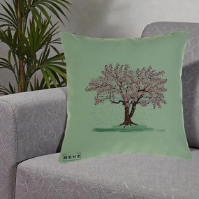 Perna Decorativa Cires Inflorit Acuarela, 40x40 cm, Verde, Husa Detasabila, Perna Inclusa, BEKZ®