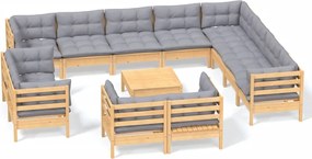 vidaXL Set mobilier grădină cu perne, 13 piese, gri, lemn masiv pin