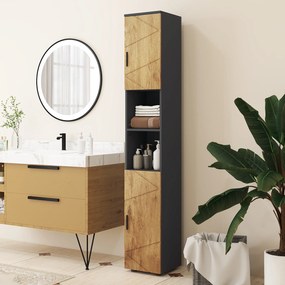 kleankin Corp înalt de depozitare pentru baie 2 uși poliță reglabilă 2 nișe 30 x 30 x 183 cm stejar gri antracit | Aosom Romania