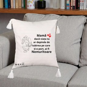 Cadou pentru Mama - Perna Personalizata Mama Nemuritoare Portret Graphic, 40x40 cm, Bej cu Franjuri, Husa Detasabila, Perna Inclusa, BEKZ®