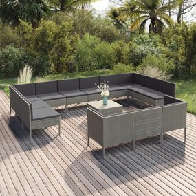 Set mobilier de gradina cu perne, 14 piese, gri, poliratan