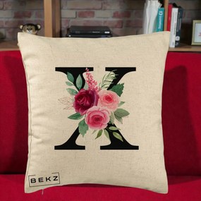 Cadou Personalizat - Perna Personalizata Monograma Florala Litera X cu Buchet, 40x40 cm, Bej, Husa Detasabila, Perna Inclusa, BEKZ®