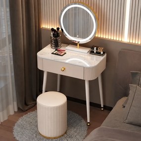 Set VICTORIA GLAM – Masă de Toaletă pentru Machiaj, cu Oglindă LED și Taburet, Accente Aurii și Blat cu efect marmură, Alb