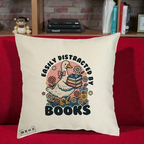 Perna Personalizata Easily Distracted by Books, 40x40 cm, Ecru, Husa Detasabila, Perna Inclusa, BEKZ®