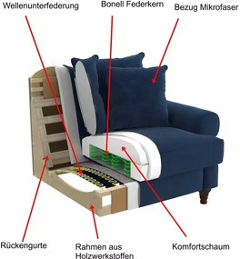 Canapea fixă ~Dubai~ 3,5 locuri, 230 cm lungime, culoare vernil-albastrui, material țesătură fină, picioare lemn masiv