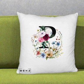 Cadou Personalizat - Perna Personalizata Monogram Litera P cu Flori Acuarela, 40x40 cm, Alb Pufos, Husa Detasabila, Perna Inclusa, BEKZ®
