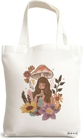 Sacosa de Panza pentru Cumparaturi, Geanta Tote Colorful Mushrooms 3, 38x34.5 cm, Alba, BEKZ®