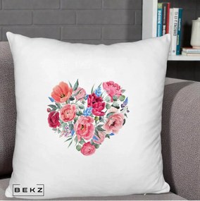 Perna Decorativa Inima din Bujori Acuarela, 40x40 cm, Alb Pufos, Husa Detasabila, Perna Inclusa, BEKZ®