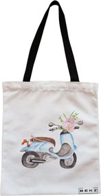 Sacosa de Panza pentru Cumparaturi, Geanta Tote, model Floral Bike, Cu fermoar, 38x34.5 cm, Alba, BEKZ®