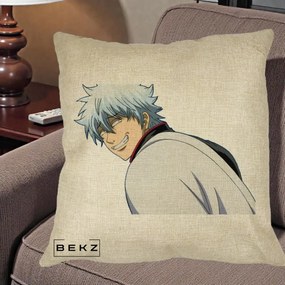 Perna Personalizata Gintama Gintoki Portret cu Zambet, 40x40 cm, Crem, Husa Detasabila, Perna Inclusa, BEKZ®