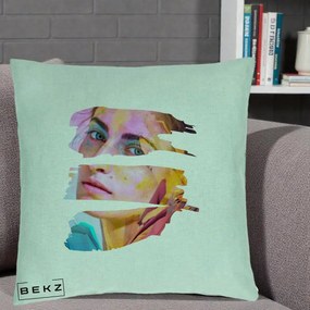 Perna Decorativa Portret Femeie Fragmentat Colorat, 40x40 cm, Verde Menta, Husa Detasabila, Perna Inclusa, BEKZ®