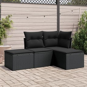vidaXL Set mobilier de grădină cu perne, 4 piese, negru, poliratan