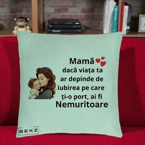 Cadou pentru Mama - Perna Personalizata Mama Nemuritoare cu Bebelus Lineart, 40x40 cm, Verde Menta, Husa Detasabila, Perna Inclusa, BEKZ®