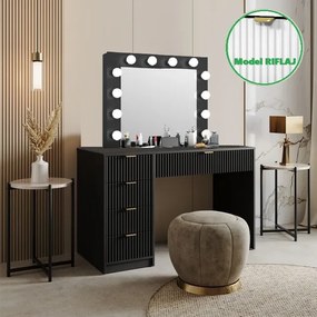 SEN22 - Set Masa Neagra toaleta cu riflaje, 120 cm, cosmetica, masuta machiaj, oglinda cu LED, cu sau fara scaun