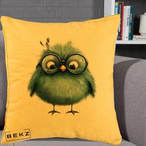 Perna Decorativa Pui Teal cu Ochelari Rotunzi, 40x40 cm, Galben, Husa Detasabila, Perna Inclusa, BEKZ®