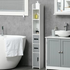Coloană de Baie Kleankin cu Rafturi și Dulapuri, Organizator Lemn, Design Modern 15x17x120cm, Alb și Gri | Aosom Romania