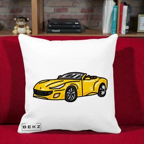 Perna Personalizata Masina Cabriolet Galbena Grafic, 40x40 cm, Alba Mata, Husa Detasabila, Perna Inclusa, BEKZ®