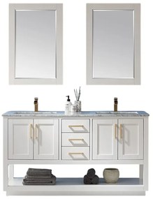SET MOBILIER BAIE, DULAP LEMN 3 SERTARE CU DUBLU LAVOAR, BLAT PIATRA ALBA + OGLINDA RAMA LEMN, ARIETTE 150.4X54.8X84 CM, ALB