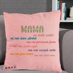 Cadou pentru Mama - Perna Personalizata Mama Cel Dintai Cuvant cu Text Colorat Multicolor, 40x40 cm, Roz, Husa Detasabila, Perna Inclusa, BEKZ®