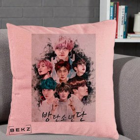 Perna Personalizata K-pop BTS Bangtan Boys Poster Artistic Negru Alb, 40x40 cm, Roz, Husa Detasabila, Perna Inclusa, BEKZ®