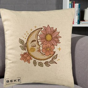Perna Personalizata Luna Boho Chip Floral, 40x40 cm, Bej, Husa Detasabila, Perna Inclusa, BEKZ®