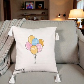 Perna Decorativa Baloane Petrecere, 40x40 cm, Bej cu Franjuri, Husa Detasabila, Perna Inclusa, BEKZ®