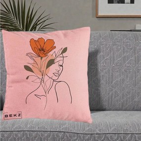 Perna Decorativa Portret Feminin Floare Portocalie, 40x40 cm, Roz, Husa Detasabila, Perna Inclusa, BEKZ®