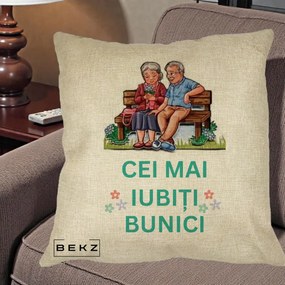 Cadou pentru Bunici - Perna Personalizata Cei Mai Iubiti Bunici Cuplu pe Banca Ilustratie, 40x40 cm, Crem, Husa Detasabila, Perna Inclusa, BEKZ®