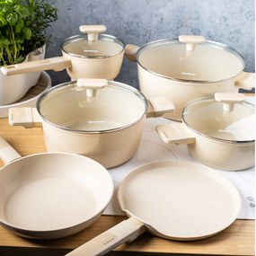 Set oale si tigai antiaderente cu capace Klausberg KB7833, bej, 16/20/24/28 cm, design modern, potrivite pentru toate tipurile de plita