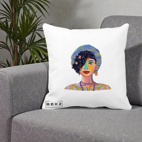 Perna Decorativa Portret Femeie Etnic Colorat, 40x40 cm, Alba Mata, Husa Detasabila, Perna Inclusa, BEKZ®