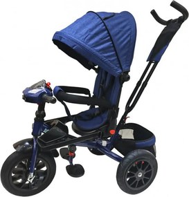 Tricicleta cu copertina NOVOKIDS Super Trike, Cu melodii si lumini, Roti din cauciuc, Pozitie somn, Scaun reversibil cu rotatie 360 grade, Albastru