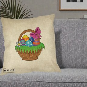 Perna Decorativa Cos cu Oua de Pasti Colorat, 40x40 cm, Crem, Husa Detasabila, Perna Inclusa, BEKZ®