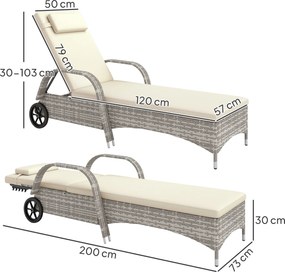 Outsunny Șezlong saltea înclinare reglabilă multi-poziții cotiere roți 200 x 73 x 30-103 cm gri deschis | Aosom Romania