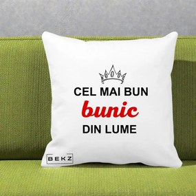Cadou pentru Bunic - Perna Personalizata Cel Mai Bun Bunic Din Lume Coroana Rosu, 40x40 cm, Alba Mata, Husa Detasabila, Perna Inclusa, BEKZ®