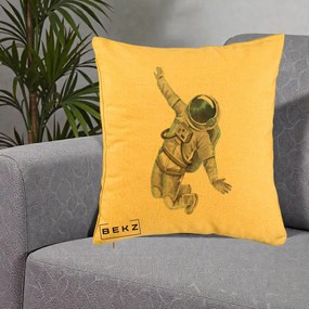 Perna Decorativa Astronaut Acuarela Zbor, 40x40 cm, Galben, Husa Detasabila, Perna Inclusa, BEKZ®