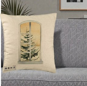 Perna Decorativa Fereastra cu Brad de Iarna, 40x40 cm, Bej, Husa Detasabila, Perna Inclusa, BEKZ®