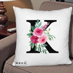Cadou Personalizat - Perna Personalizata Monograma Florala Litera K, 40x40 cm, Alb Pufos, Husa Detasabila, Perna Inclusa, BEKZ®