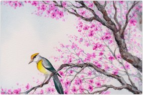 Tablou - Pasăre pe un copac cu flori roz (90x60 cm)