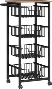 HOMCOM Cărucior de Bucătărie cu 4 Coșuri Detașabile, Roți și Frâne, Oțel și Lemn, 49.5x31x91 cm, Stejar | Aosom Romania