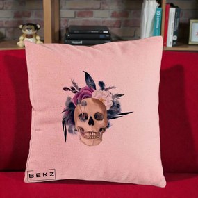 Perna Decorativa Craniu Floral cu Trandafiri si Ciuperci, 40x40 cm, Roz, Husa Detasabila, Perna Inclusa, BEKZ®