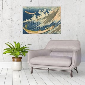 Tablou pe sticlă - Katsushika Hokusai, Fishing Boats at Choshi in Shimosa (Soshu Choshi) , reproducere (70x50 cm)