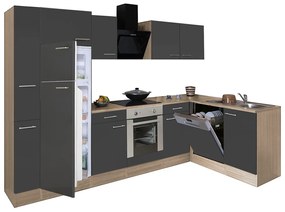 Mobilă de bucătărie de colț Yorki 310, corp din stejar sonoma, față antracit satinat, element cuptor inferior, frigider congelator superior