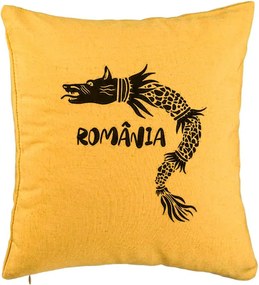 Perna Personalizata, Model Lup Dacic Romania, 40x40 cm, Galben, Husa Detasabila, Perna Inclusa, BEKZ®