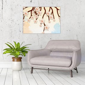 Tablou pe sticlă - Flori colorate pe ramuri (70x50 cm)