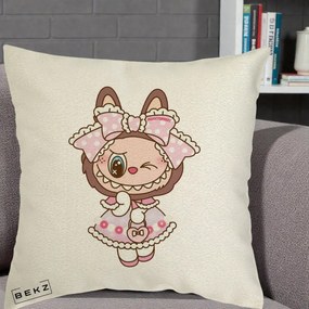 Perna Personalizata Labubu Lolita Roz cu Dantela, 40x40 cm, Ecru, Husa Detasabila, Perna Inclusa, BEKZ®