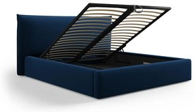 Pat matrimonial albastru închis tapițat cu spațiu de depozitare cu somieră 180x200 cm Elio – Milo Casa