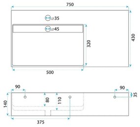 Rea Archi 75 lavoar 75x43 cm dreptunghiular de blat alb REA-U4300