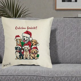 Perna Decorativa Caini cu Bonete Craciun Fericit, 40x40 cm, Ecru, Husa Detasabila, Perna Inclusa, BEKZ®