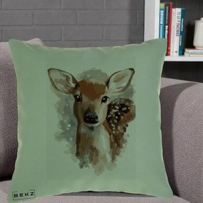 Perna Decorativa Caprioara Pui Acuarela, 40x40 cm, Verde, Husa Detasabila, Perna Inclusa, BEKZ®