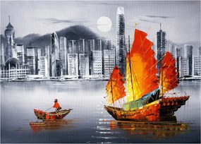 Tablou pe sticlă - Victoria Harbour, Hong Kong, pictură în ulei alb- negru (70x50 cm)